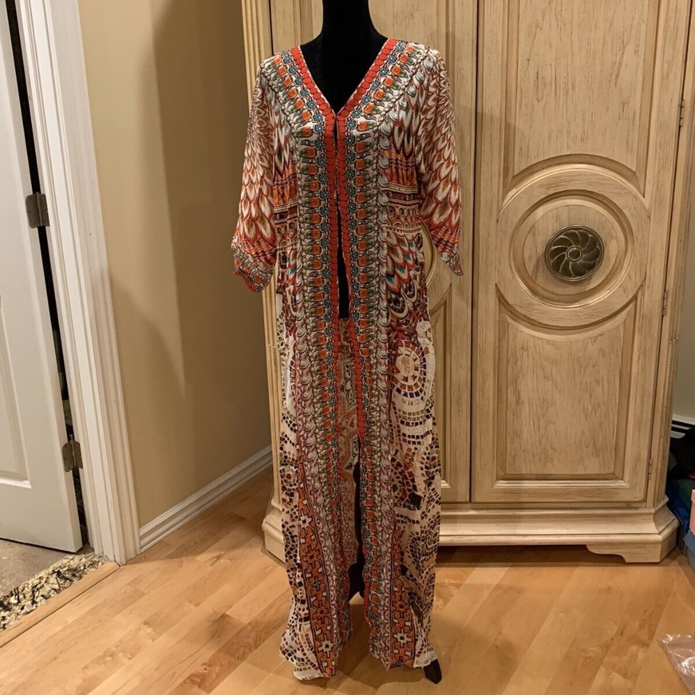 TRUE COLORS La Moda Cleopatra Embellished Silk Coverup Maxi Dress O/S NWT